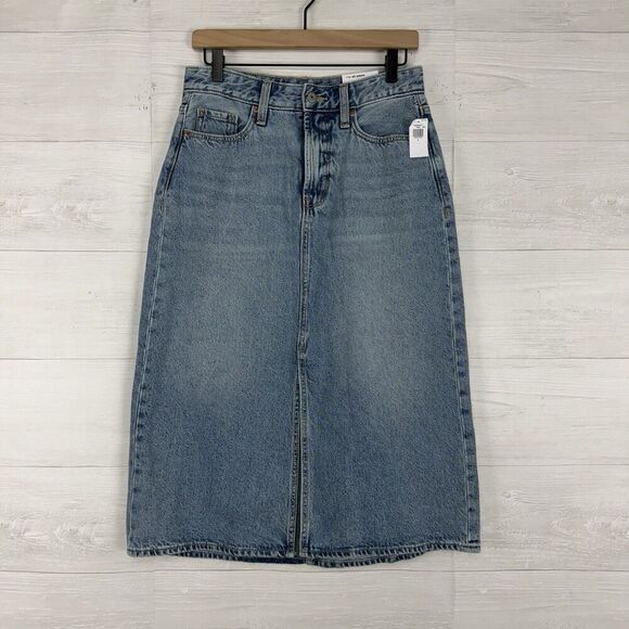 Old Navy Denim Jean Midi Skirt Size 6 Blue Light Wash Front Slit High Rise NWT - Picture 2 of 15